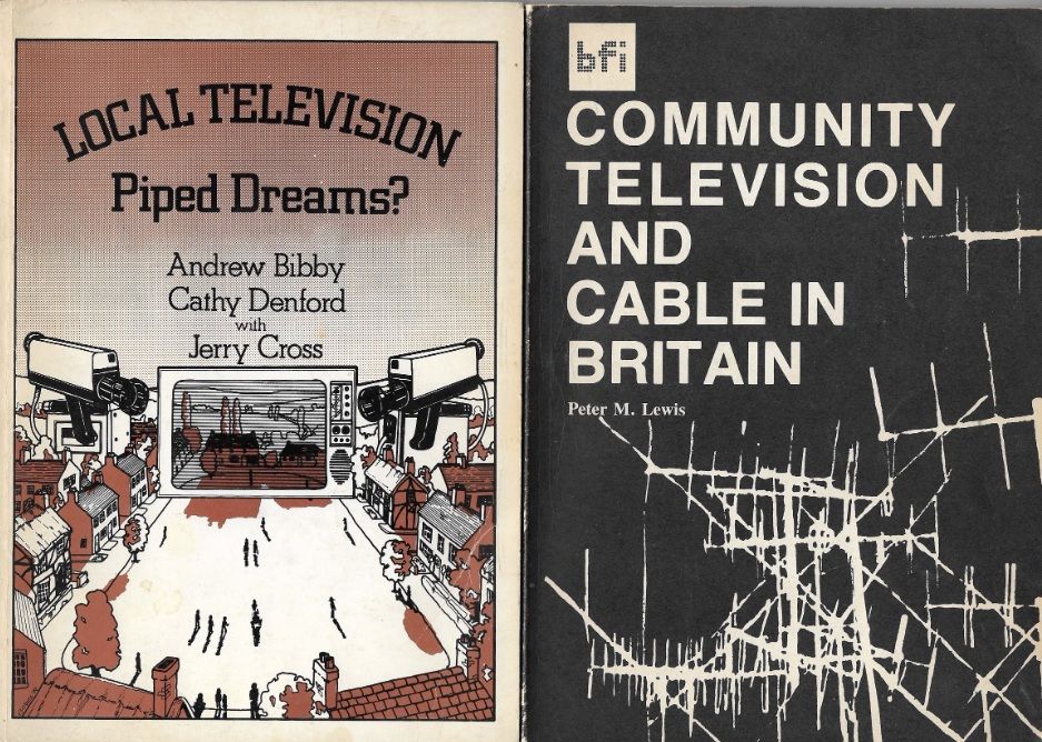 Two book covers. One colour with a brown and back graphic of video cameras, a television and a street. One black and white with text and outlines of tv aerials.