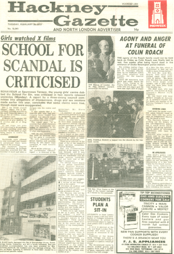 Black and white newspaper front-cover. Typed text with four black and white images.
