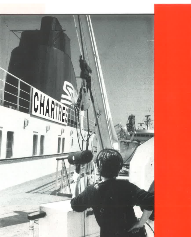Leaflet front-cover. Black and white photo of a figure with recording equipment on a boat. Red graphic strip down one side.