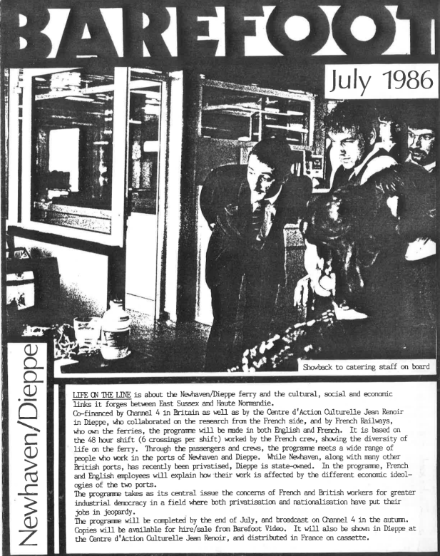 Font-cover of leaflet. Black and white graphic title, typed text and image of a group looking at a camera.