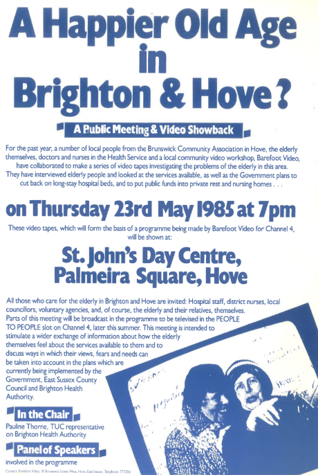 Leaflet front-cover. Blue text on white, with large heading and image of an old couple at bottom.